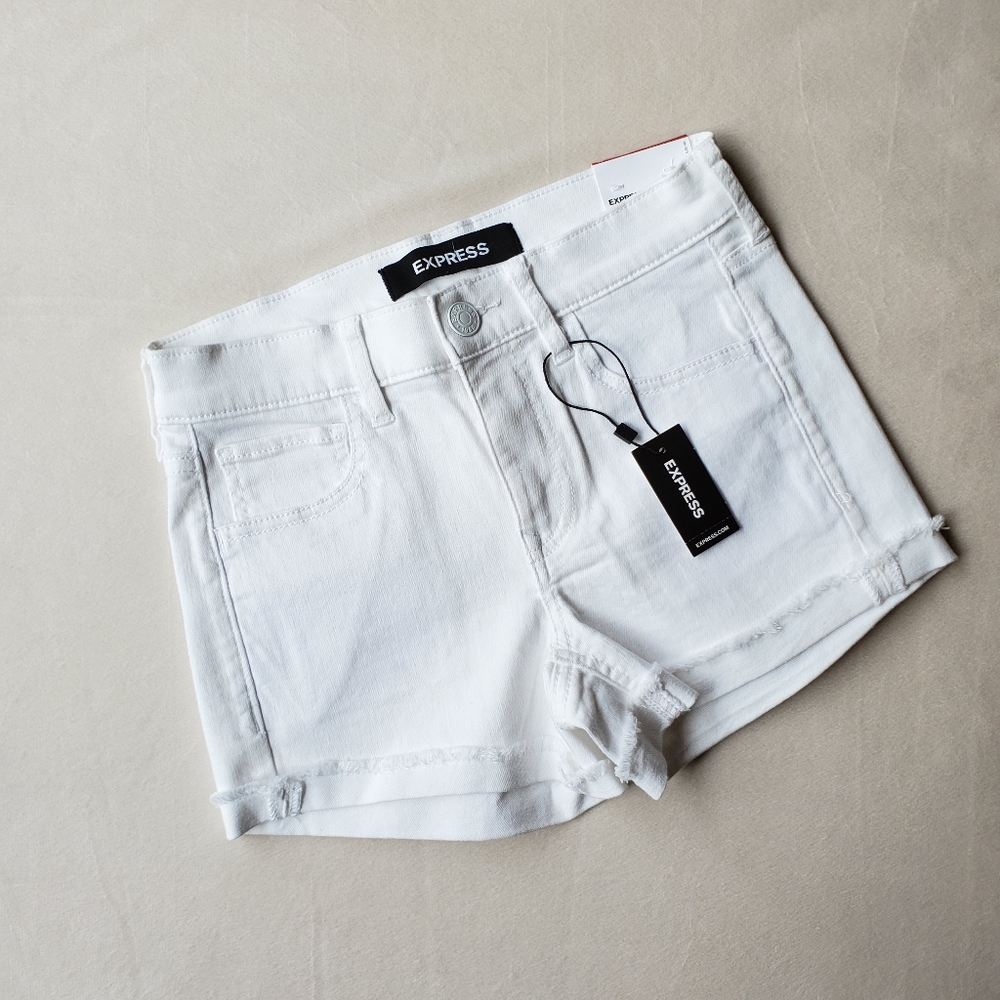 Express Mid Rise White Denim Shorts | 00 |
